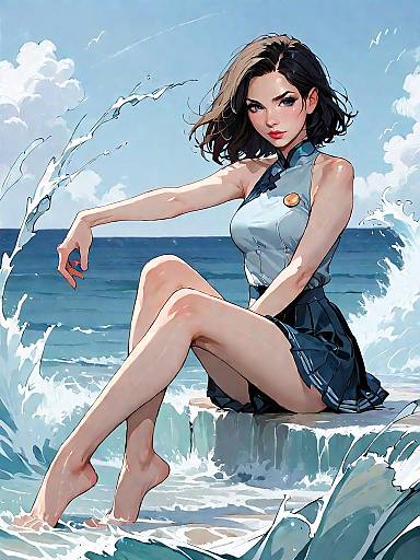Stylish Woman by the Ocean Waves