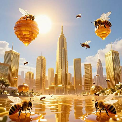 Surreal Honey Ocean with Golden Skyscrapers