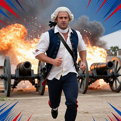 Photograph of a muscular man with white powdered wig, white shirt, black vest, and pants, running toward intense battlefield fire and smoke with cannons in