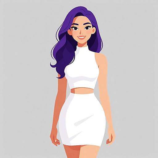 Digital illustration of a smiling woman with long purple hair, wearing a white sleeveless crop top and matching mini skirt, standing against a light blue background.