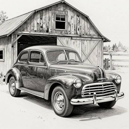 Black-and-white digital drawing of a classic 1940s car parked in front of a weathered wooden barn with a rusty roof.