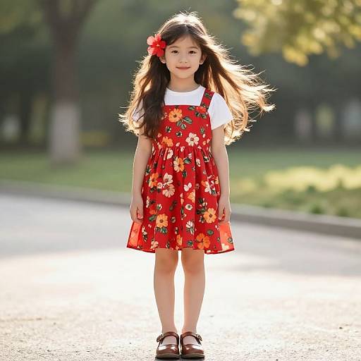 Youthful Girl in Floral Red Dress