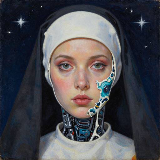 Digital painting of a pale-skinned, blue-eyed nun with a cybernetic neck, white habit, and a futuristic patch on her cheek, set
