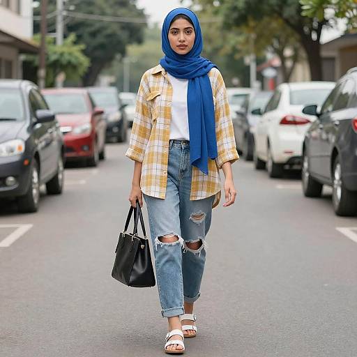 Young Woman in Blue Hijab on Street