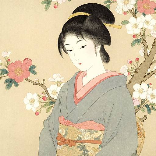 Traditional Japanese woodblock print of a serene woman in a blue kimono with pink accents, black hair in a bun, surrounded by cherry blossoms and