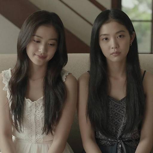 Two Young Women on Beige Couch