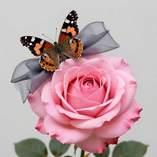 Photograph of a vibrant orange and black butterfly with white spots perched on a large, pink rose with delicate petals and a sheer, gray ribbon.