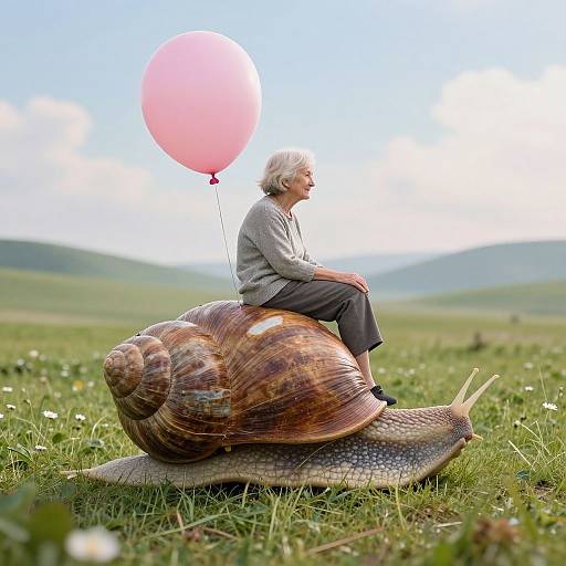 Photograph of elderly woman with short gray hair, wearing gray sweater and black pants, riding a large snail while holding a pink balloon in a green