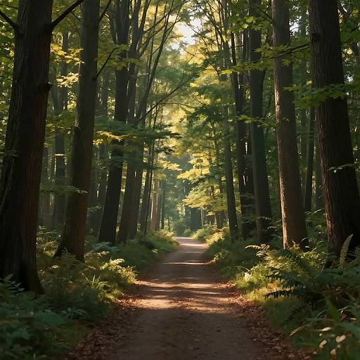Photograph of a sunlit forest path, tall trees with green leaves, dappled sunlight, dirt road, ferns on either side, serene
