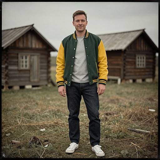 Photograph of a smiling man in a green and yellow varsity jacket, gray shirt, blue jeans, and white sneakers, standing in front of two