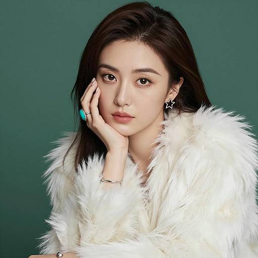 Portrait of Woman in White Fur Coat with Turquoise Ring