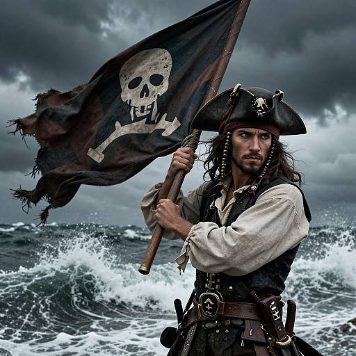 Rugged Pirate with Billowing Flag