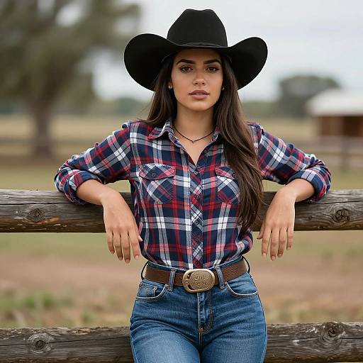 Photograph of a young woman with long dark hair, wearing a black cowboy hat, red and blue plaid shirt, and blue jeans, leaning on