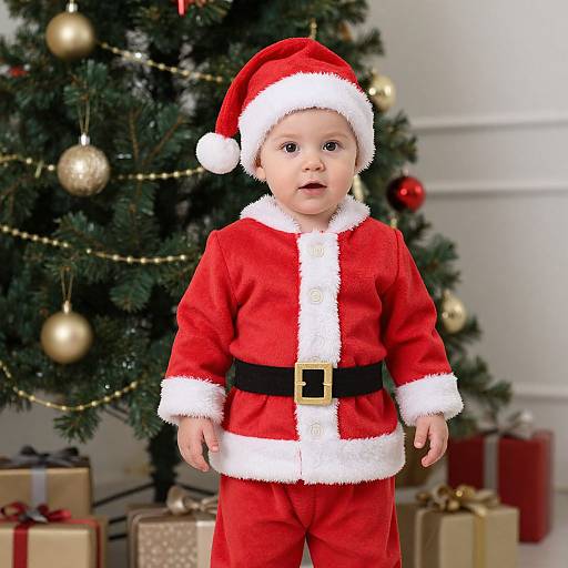 Photograph of a cute baby in a red Santa outfit with white trim, black belt, standing in front of a decorated Christmas tree and wrapped gifts.