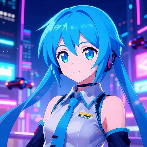Digital anime-style artwork of a blue-haired girl with large blue eyes, wearing a futuristic white sleeveless top with blue tie, in a neon-lit