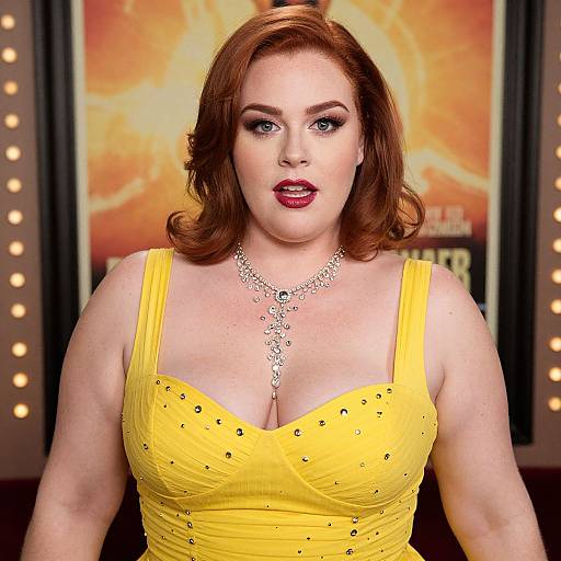 Photograph of a curvy, fair-skinned woman with red hair, wearing a yellow, sleeveless, beaded dress and silver necklace, with
