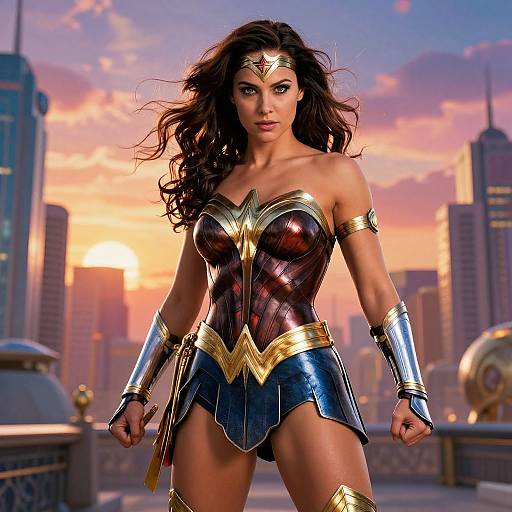 Digital art of Wonder Woman with long dark hair, wearing a gold tiara, red and gold armor, blue skirt, standing on a rooftop at sunset