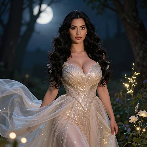 Photograph of a beautiful woman with long black hair in a sparkling, low-cut, white ball gown, standing under a moonlit forest, with fairy