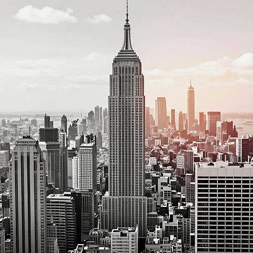 Digital black-and-white illustration of New York City skyline at sunset, focusing on the iconic Empire State Building with a warm orange gradient sky in the background.