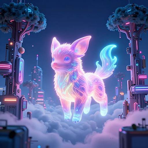 Neon-lit, glowing, futuristic cityscape with a luminous, bioluminescent fox-like creature standing on clouds, surrounded by cyberpunk
