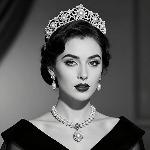 Black-and-white photograph of a regal woman with dark hair, wearing a detailed tiara, pearl necklace, teardrop earrings, and dark dress