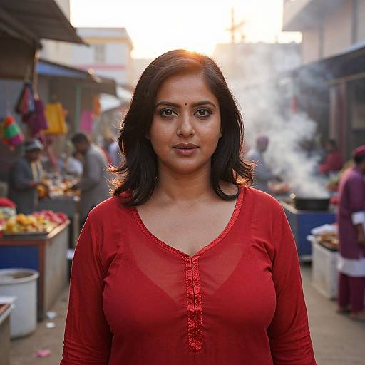 Photograph of a confident Indian woman with medium skin tone, black wavy hair, wearing a red, long-sleeved, sheer-knit blouse