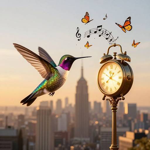 Photograph of a vibrant hummingbird with iridescent feathers, hovering near a glowing clock, surrounded by musical notes and orange butterflies, against a blurred