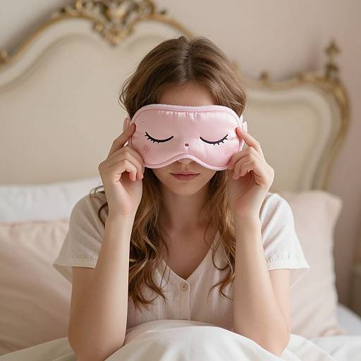 Photograph of a young woman with long brown hair, wearing a white shirt and pink sleep mask with closed-eye emoji, sitting in a bed with a