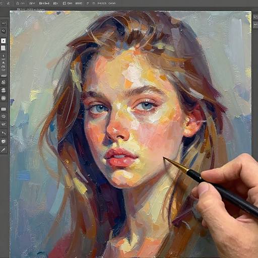 Digital painting of a young woman with blue eyes and light brown hair, being painted by a hand with a brush. Vibrant, textured colors on a