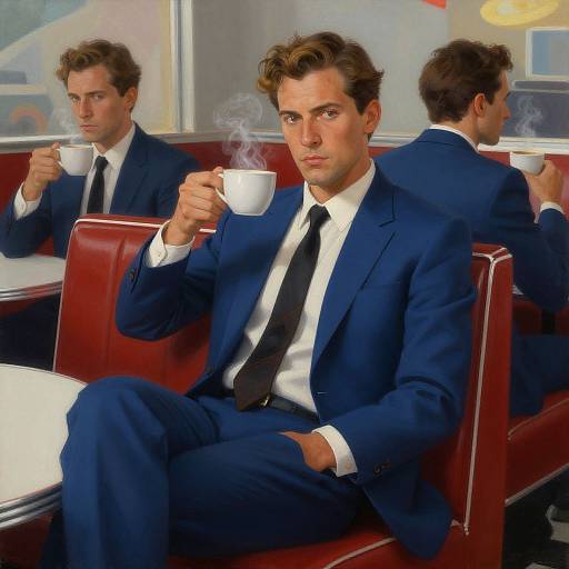 Photograph of three handsome men in blue suits, white shirts, and black ties, sitting in red retro diner booths, each holding a white steaming