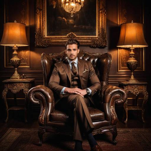 Confident Man in Brown Suit Sitting on Vintage Armchair