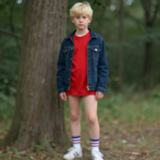 Blonde boy in red shirt and denim jacket, white socks with blue stripes, and white sneakers, standing in forest near tree.