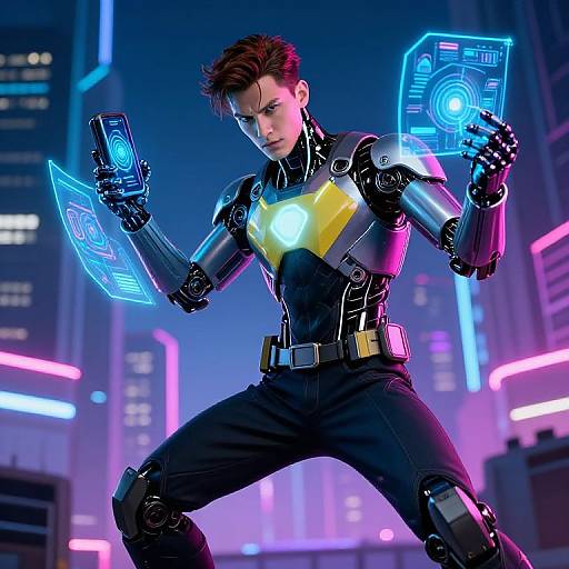 Digital CGI image of a cybernetic superhero with glowing blue holographic panels, black and yellow armor, and neon-lit cityscape background.