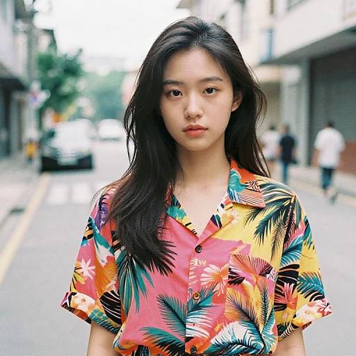 Photograph of an Asian woman with long black hair, wearing a colorful tropical floral shirt, standing on a blurred urban street.