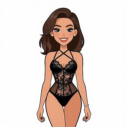 Smiling Woman in Black Lace Bodysuit