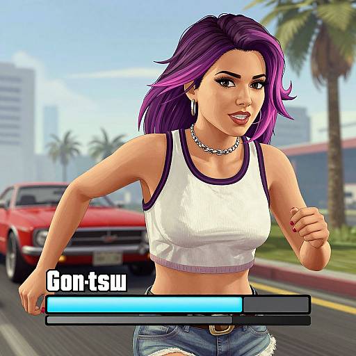 Digital art: Athletic woman with purple hair, white tank top, and denim shorts runs on a sunny street with a red car, palm trees, and