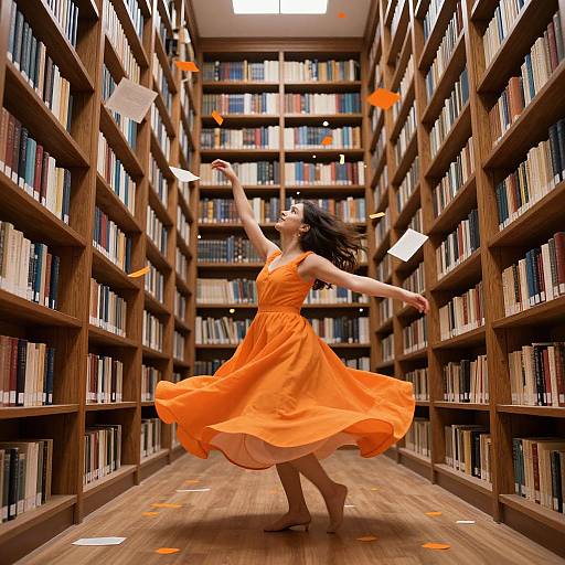 Photograph of a joyful woman in an orange dress, dancing between tall bookshelves in a library, with floating paper leaves.