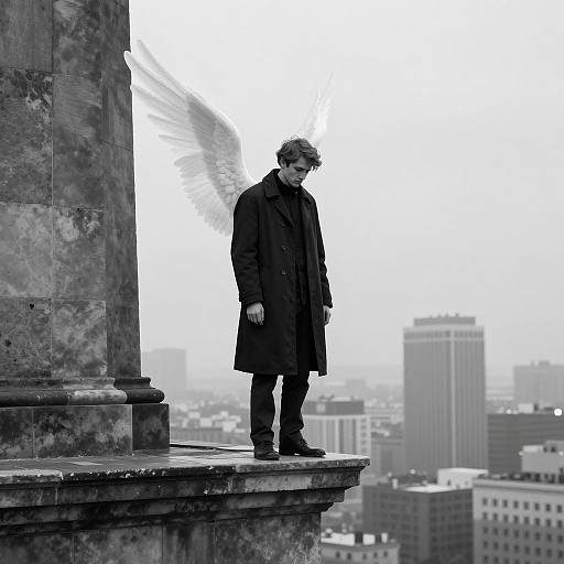 Melancholic Man with Wings Over City
