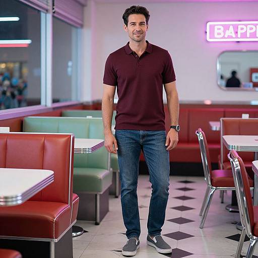 Man in Neon-Lit Vintage Diner