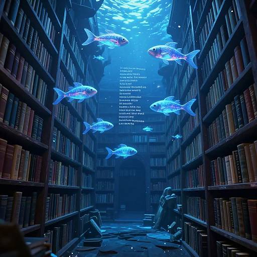 Photorealistic digital art of a dimly lit library with towering shelves, glowing blue fish swimming overhead, and a person crouching in the center