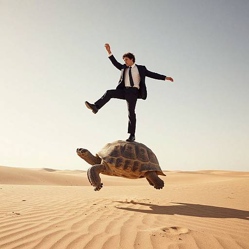 Photograph: Man in black suit, white shirt, and tie, standing on top of a turtle, jumping in a sunlit, sandy desert.