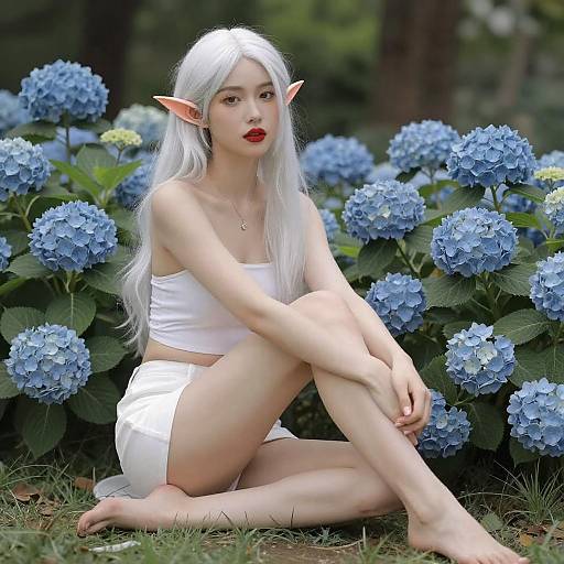 Elf Woman Among Blue Hydrangeas
