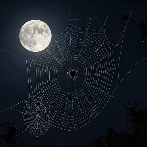 Photograph of a detailed spiderweb silhouetted against a bright full moon in a dark, night sky with faint tree branches.
