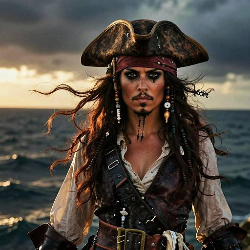 Photograph of a fierce, dark-haired pirate with long curly hair, tricorn hat, eye patch, and white shirt, standing on a stormy