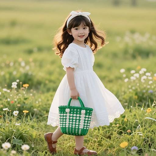 Photograph of a cute Asian toddler girl with wavy black hair, wearing a white dress and brown sandals, holding a green woven basket, standing in