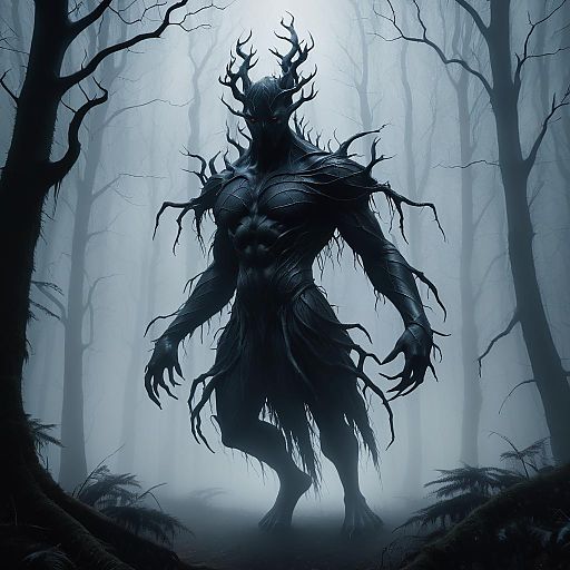 Eerie Creature in Foggy Forest Scene Eerie Creature in Foggy Forest Scene