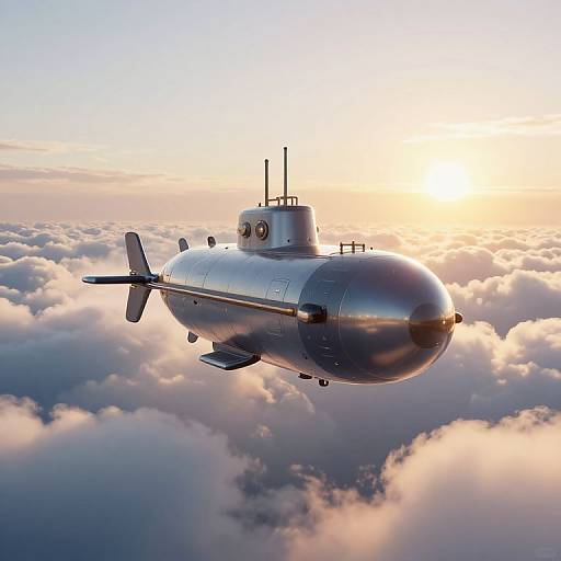 Photorealistic CGI of a silver submarine flying above a sea of fluffy clouds during a sunset, with the sun glowing brightly behind.