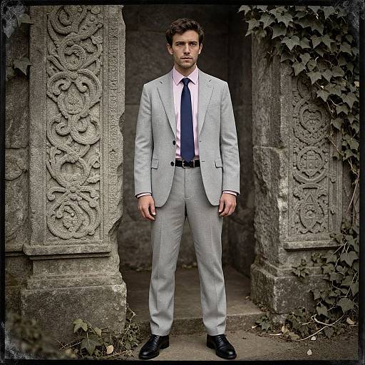 Photograph of a serious, dark-haired man in a light gray suit, white shirt, and navy tie, standing between ornate stone pillars with iv