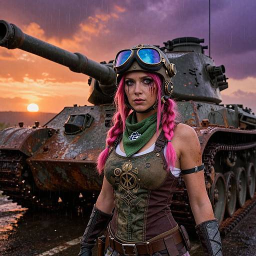 Digital art of a pink-haired woman in steampunk military gear with goggles, standing in front of a rusted tank at sunset.