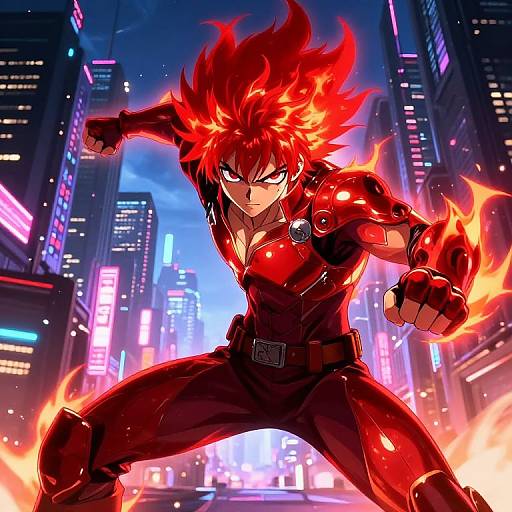 Digital anime artwork of a red-haired, muscular character in a red, armored suit, wielding fiery fists, standing powerfully in a neon-lit city